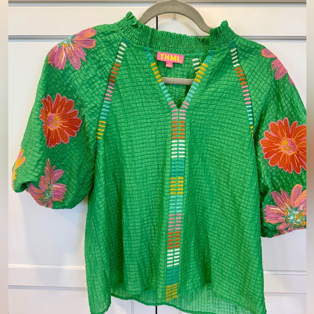 THML Bright Green Embroidered Puff-Sleeve Tunic Top